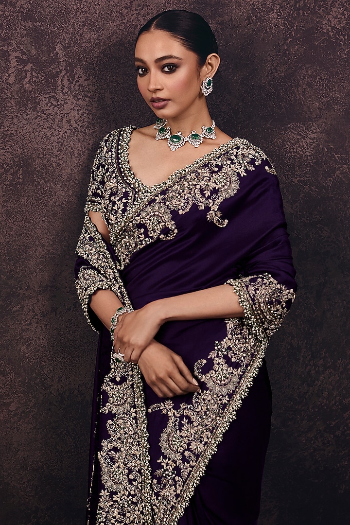 Dark Purple Silk Resham Embroidered Reception Saree Set by Prisho at Pernia's Pop Up Shop