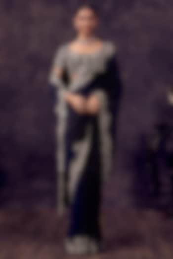 Dark Purple Silk Mirror Embroidered Reception Saree Set by Prisho at Pernia's Pop Up Shop