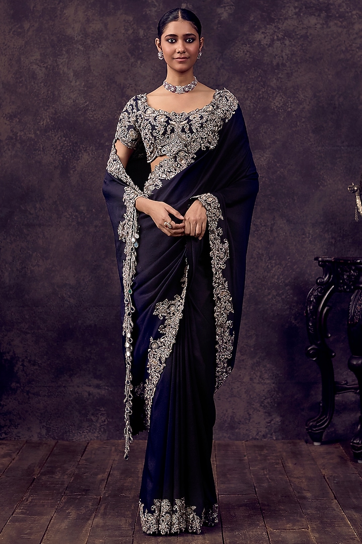 Dark Purple Silk Mirror Embroidered Reception Saree Set by Prisho at Pernia's Pop Up Shop