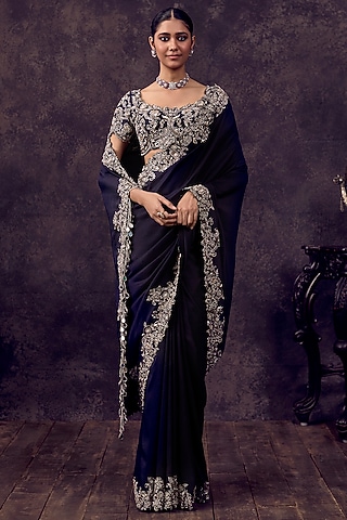 Dark Purple Silk Mirror Embroidered Saree Set by Prisho