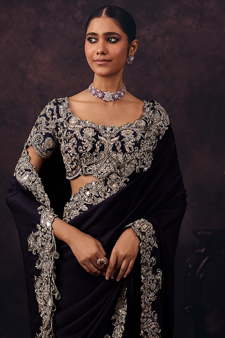 Dark Purple Silk Mirror Embroidered Reception Saree Set by Prisho at Pernia's Pop Up Shop
