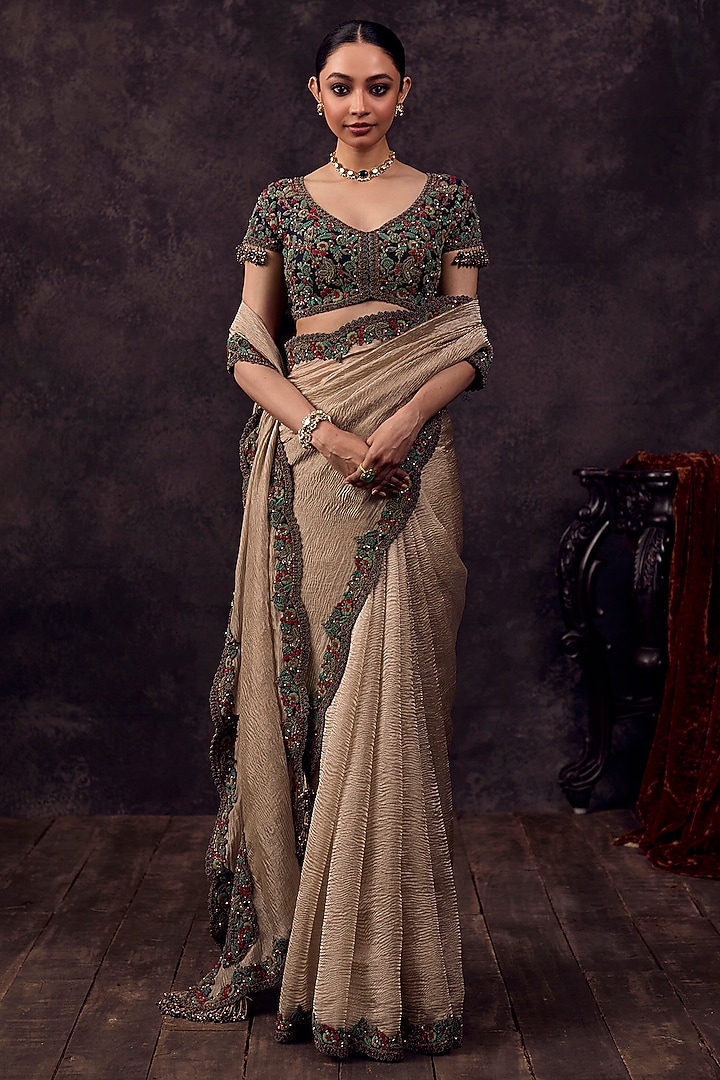 Beige Crushed Tissue Thread Embroidered Reception Saree Set by Prisho at Pernia's Pop Up Shop