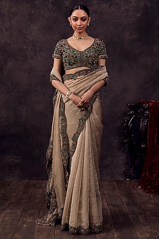 Beige Crushed Tissue Thread Embroidered Saree Set by Prisho