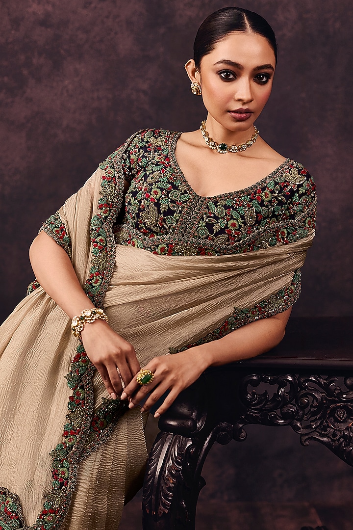 Beige Crushed Tissue Thread Embroidered Reception Saree Set by Prisho at Pernia's Pop Up Shop