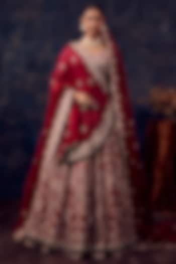 Cherry Red Silk Resham Embroidered Bridal Lehenga Set by Prisho at Pernia's Pop Up Shop