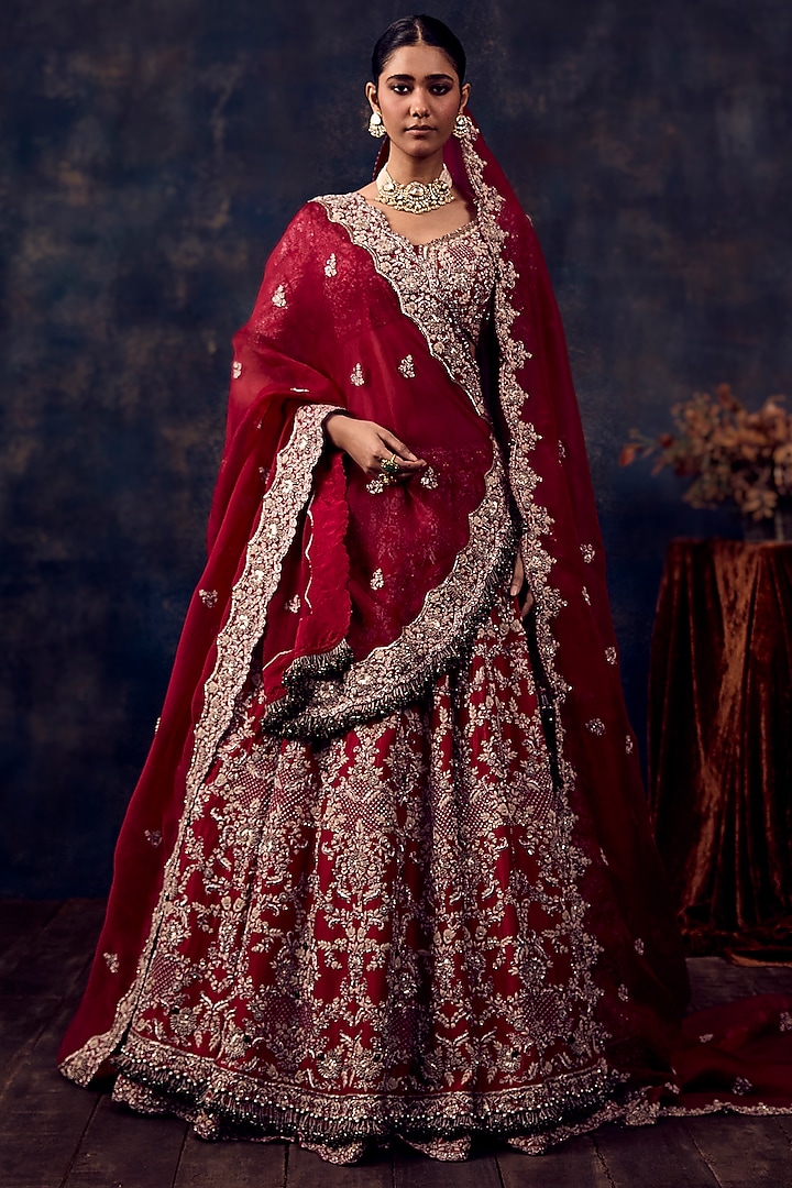 Cherry Red Silk Resham Embroidered Bridal Lehenga Set by Prisho at Pernia's Pop Up Shop