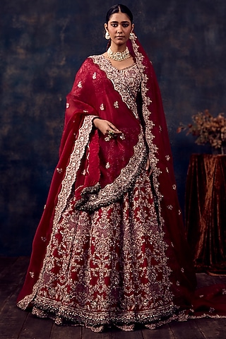 Cherry Red Silk Resham Embroidered Lehenga Set by Prisho