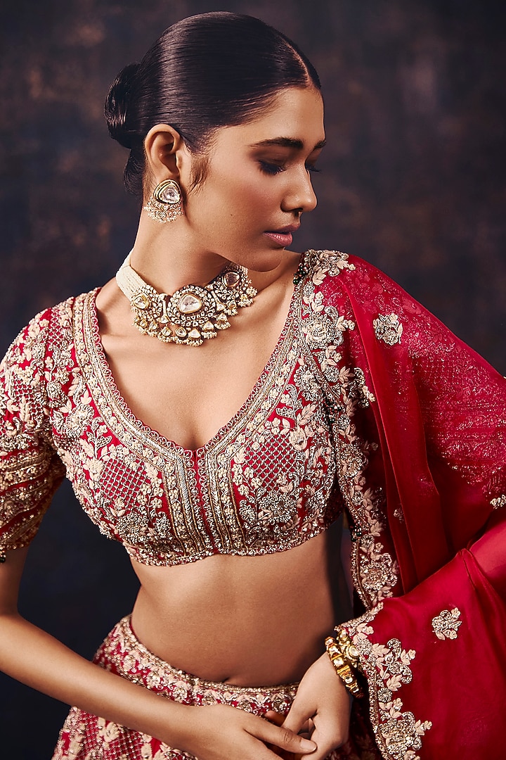 Cherry Red Silk Resham Embroidered Bridal Lehenga Set by Prisho at Pernia's Pop Up Shop