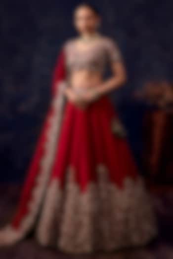 Cherry Red Silk Mirror Embroidered Bridal Lehenga Set by Prisho at Pernia's Pop Up Shop