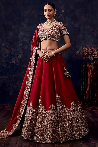 Cherry Red Silk Mirror Embroidered Lehenga Set by Prisho