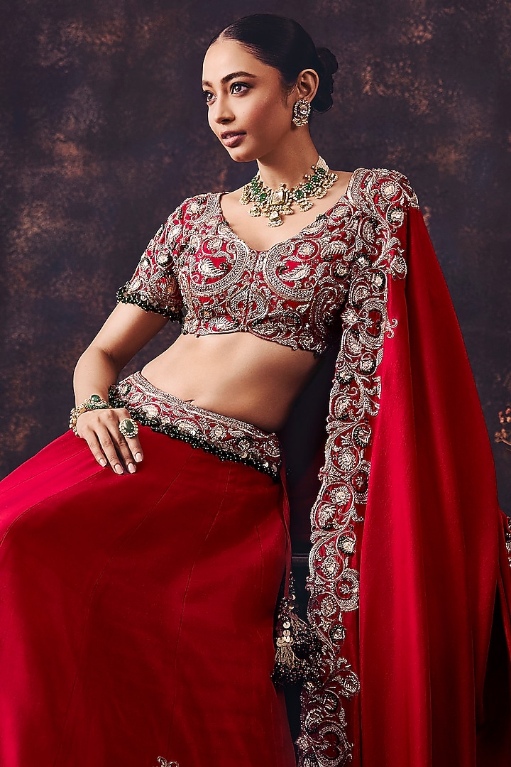 Cherry Red Silk Mirror Embroidered Bridal Lehenga Set by Prisho at Pernia's Pop Up Shop