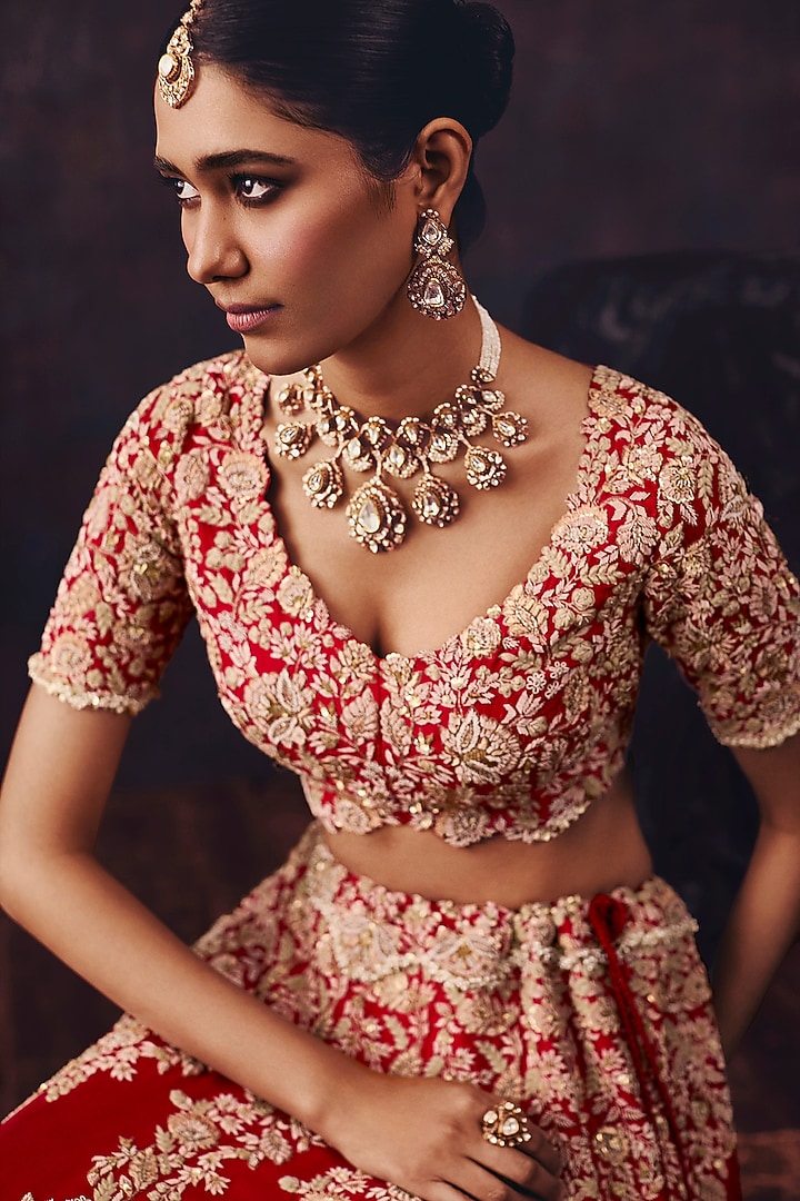 Cherry Red Silk Mirror Embroidered Bridal Lehenga Set by Prisho at Pernia's Pop Up Shop