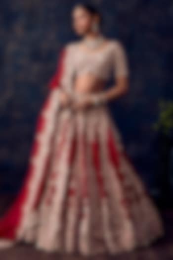 Red Silk & Organza Resham Embroidered Bridal Lehenga Set by Prisho at Pernia's Pop Up Shop