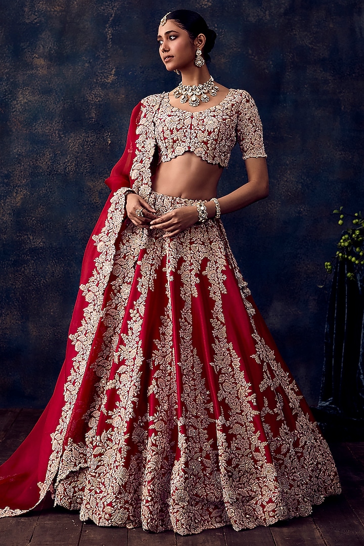 Red Silk & Organza Resham Embroidered Bridal Lehenga Set by Prisho at Pernia's Pop Up Shop