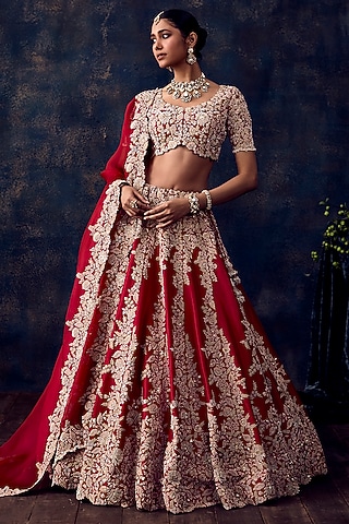 Red Silk & Organza Resham Embroidered Lehenga Set by Prisho