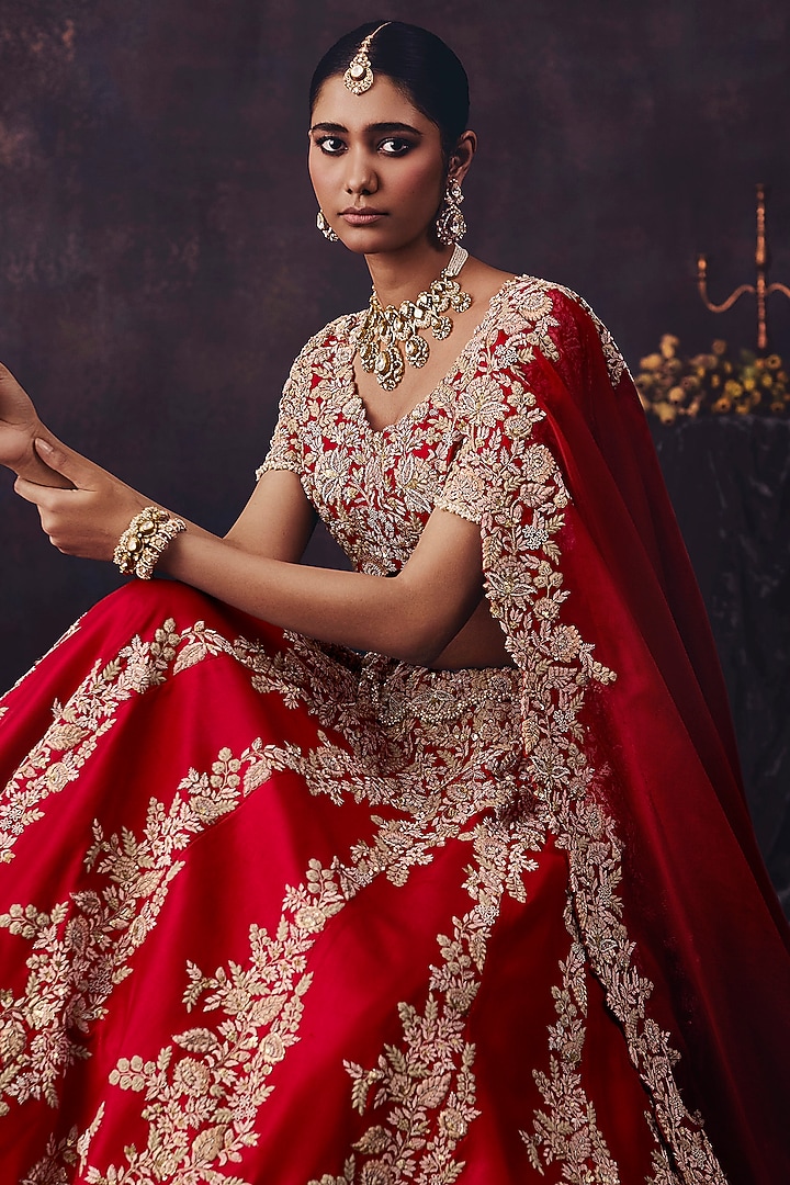 Red Silk & Organza Resham Embroidered Bridal Lehenga Set by Prisho at Pernia's Pop Up Shop