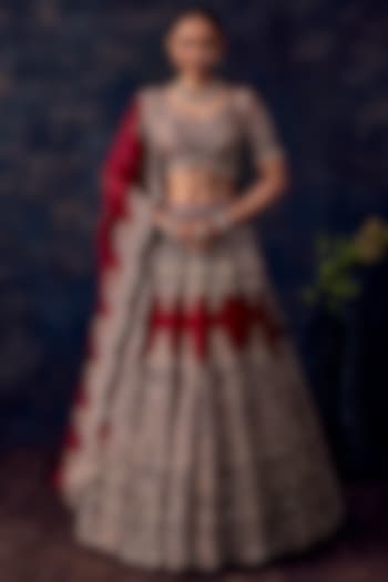 Cherry Red Silk Resham Embroidered Bridal Lehenga Set by Prisho at Pernia's Pop Up Shop