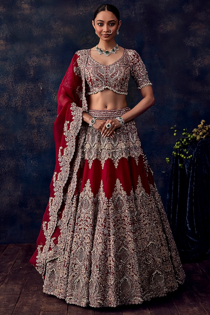 Cherry Red Silk Resham Embroidered Bridal Lehenga Set by Prisho at Pernia's Pop Up Shop