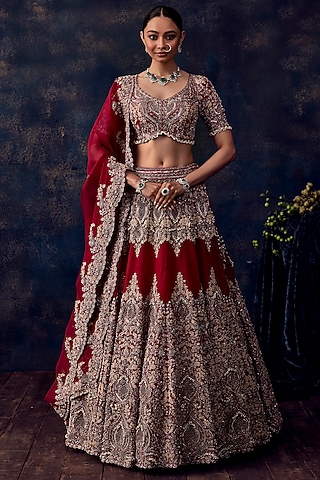 Cherry Red Silk Resham Embroidered Lehenga Set by Prisho