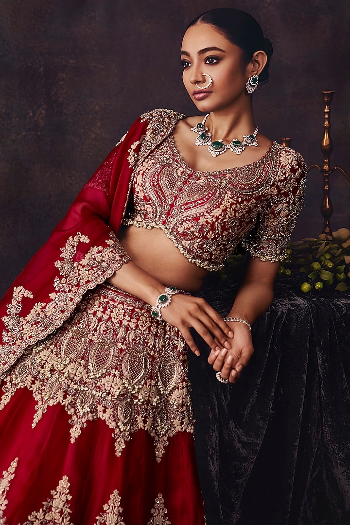 Cherry Red Silk Resham Embroidered Bridal Lehenga Set by Prisho at Pernia's Pop Up Shop