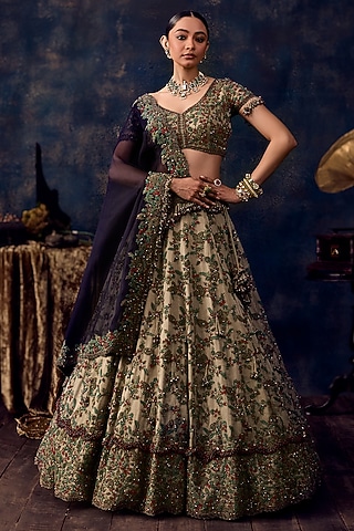 Blush Aqua Organza Dori Embroidered Lehenga Set by Prisho