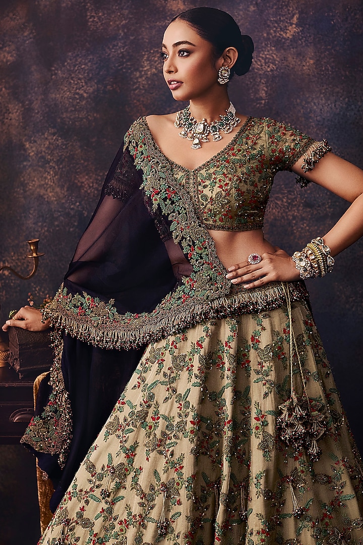 Blush Aqua Organza Dori Embroidered Bridal Lehenga Set by Prisho at Pernia's Pop Up Shop