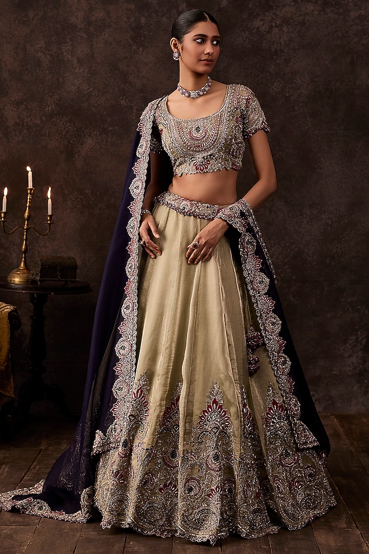 Blush Aqua Organza Dori Embroidered Bridal Lehenga Set by Prisho at Pernia's Pop Up Shop