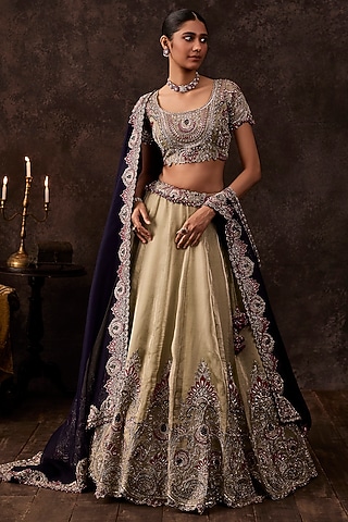 Blush Aqua Organza Dori Embroidered Lehenga Set by Prisho