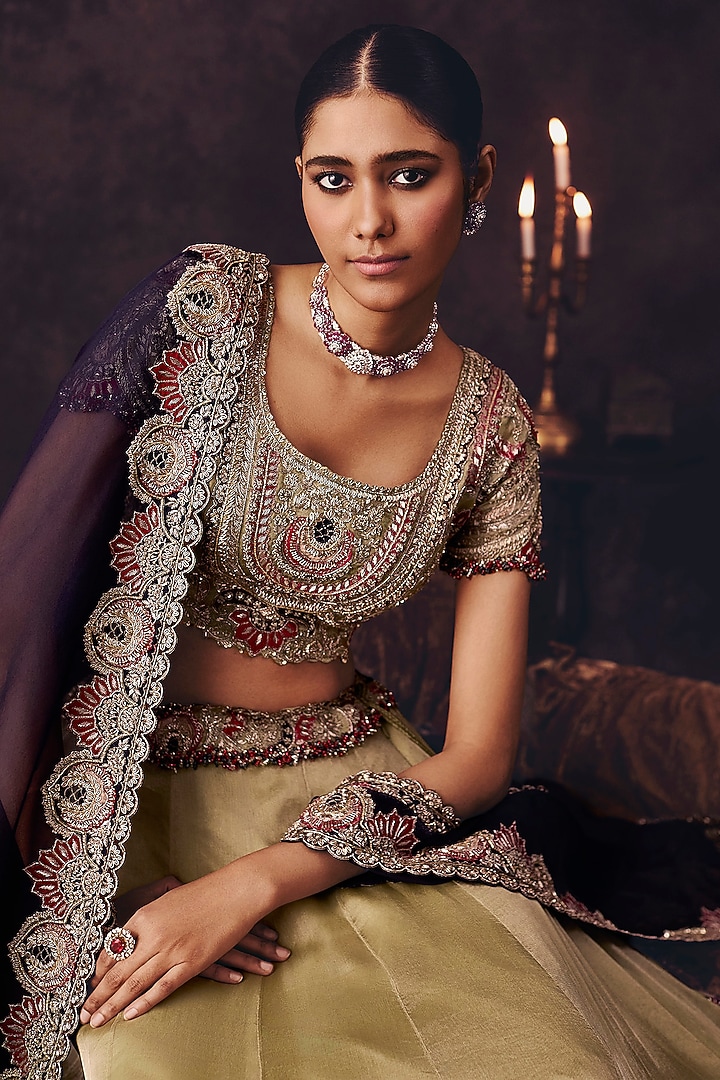 Blush Aqua Organza Dori Embroidered Bridal Lehenga Set by Prisho at Pernia's Pop Up Shop