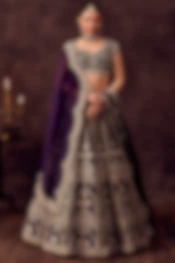 Dark Purple Silk Resham Embroidered Bridal Lehenga Set by Prisho at Pernia's Pop Up Shop