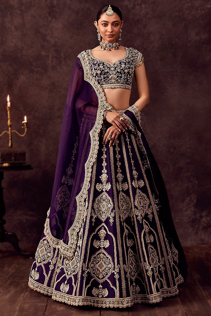 Dark Purple Silk Resham Embroidered Bridal Lehenga Set by Prisho at Pernia's Pop Up Shop