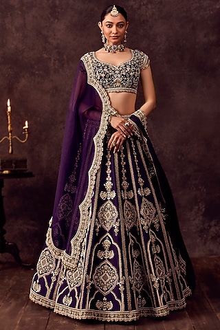 Dark Purple Silk Resham Embroidered Lehenga Set by Prisho