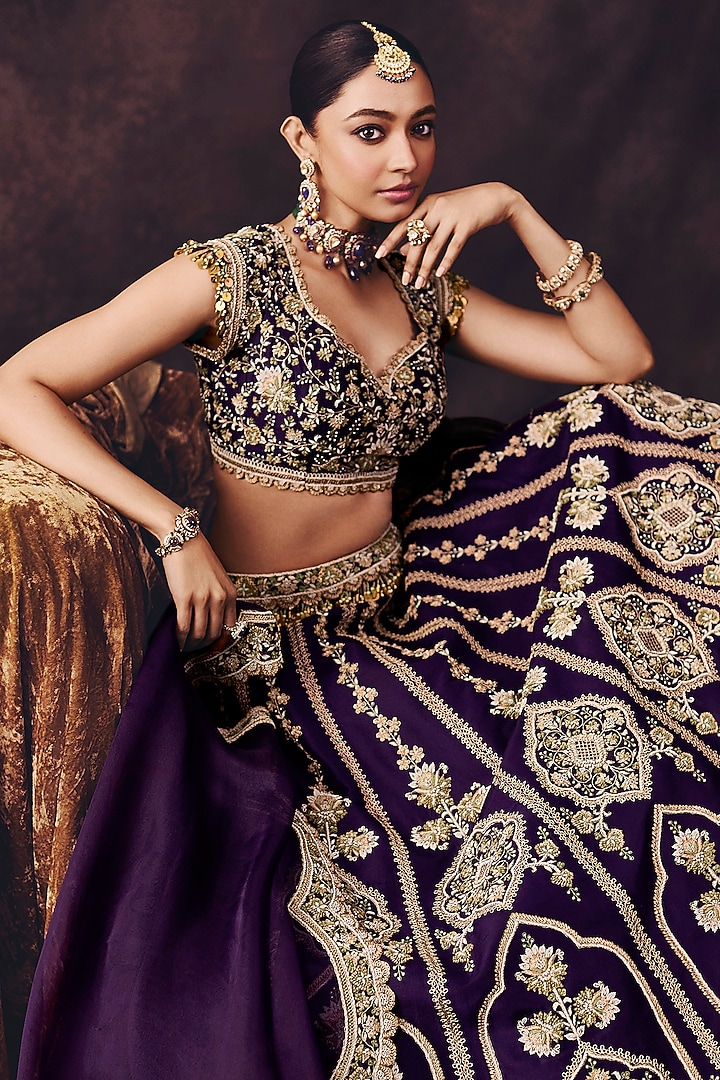 Dark Purple Silk Resham Embroidered Bridal Lehenga Set by Prisho at Pernia's Pop Up Shop
