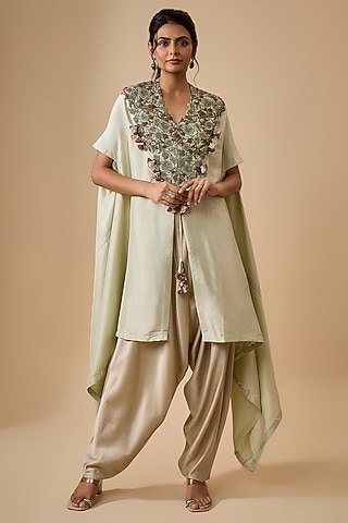 Pista Green Silk Dori Embellished Kaftan Set by Prisho