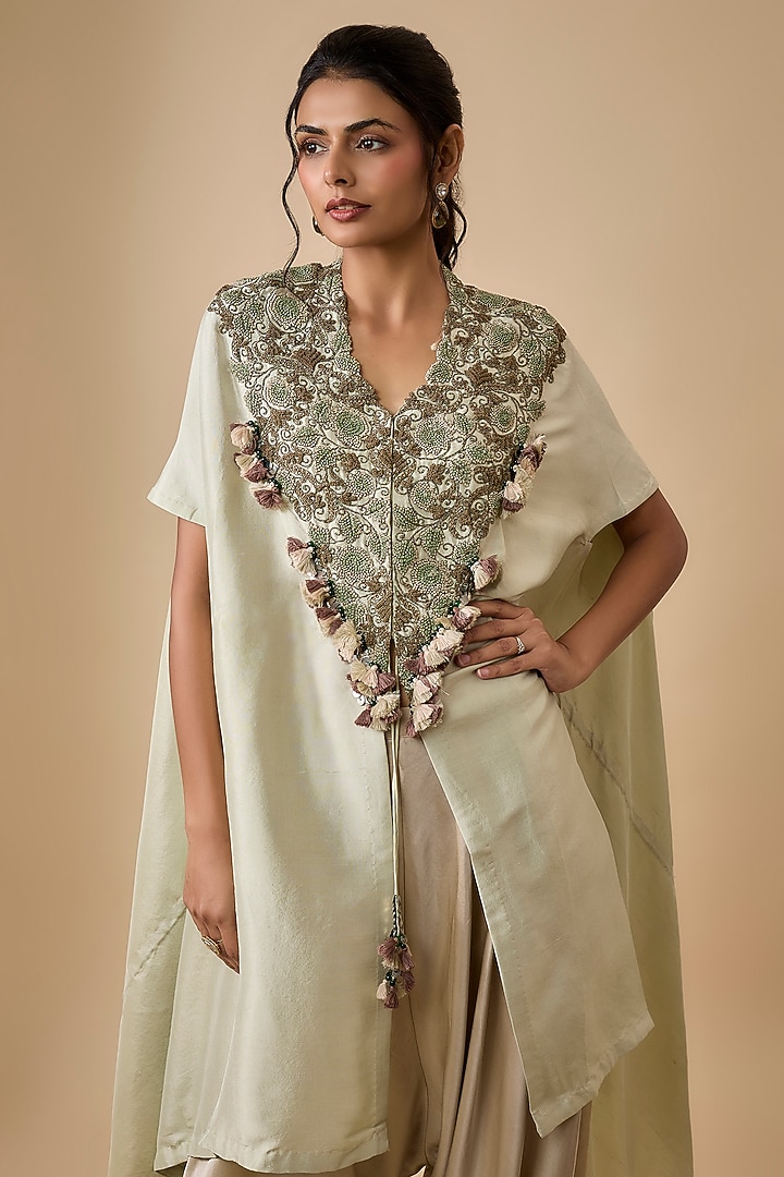 Pista Green Silk Dori Embellished Kaftan Set by Prisho at Pernia's Pop Up Shop