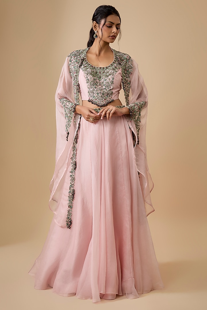 Flamingo Pink Organza Thread Embellished Cape Set by Prisho at Pernia's Pop Up Shop