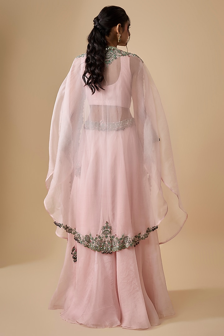 Flamingo Pink Organza Thread Embellished Cape Set by Prisho at Pernia's Pop Up Shop