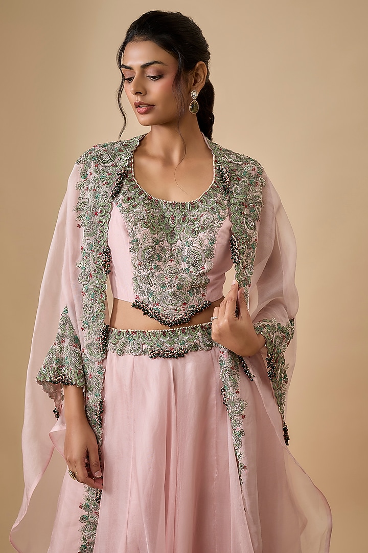 Flamingo Pink Organza Thread Embellished Cape Set by Prisho at Pernia's Pop Up Shop