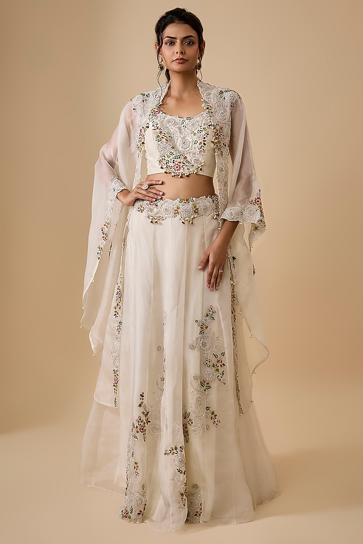 Ivory Organza Multi-Thread Embellished Cape Set by Prisho at Pernia's Pop Up Shop