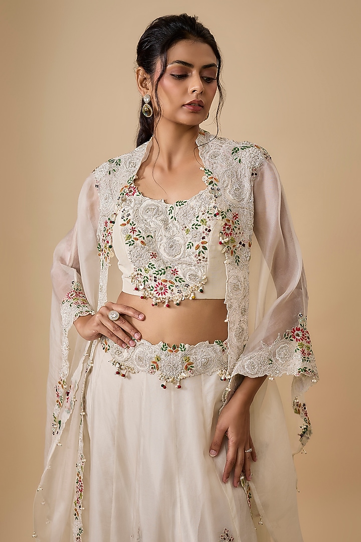 Ivory Organza Multi-Thread Embellished Cape Set by Prisho at Pernia's Pop Up Shop