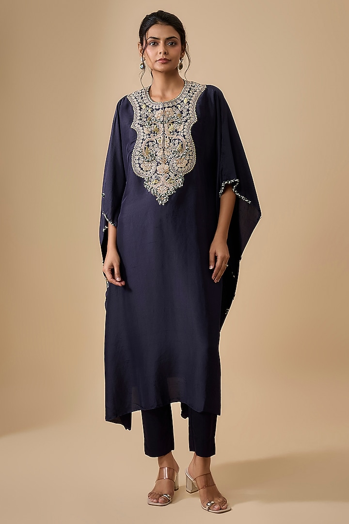 Royal Blue Silk Mukaish Work Kaftan Set by Prisho at Pernia's Pop Up Shop
