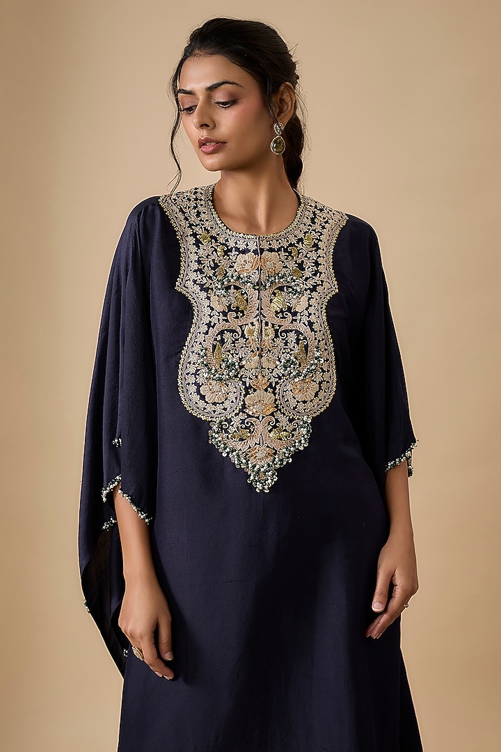 Royal Blue Silk Mukaish Work Kaftan Set by Prisho at Pernia's Pop Up Shop