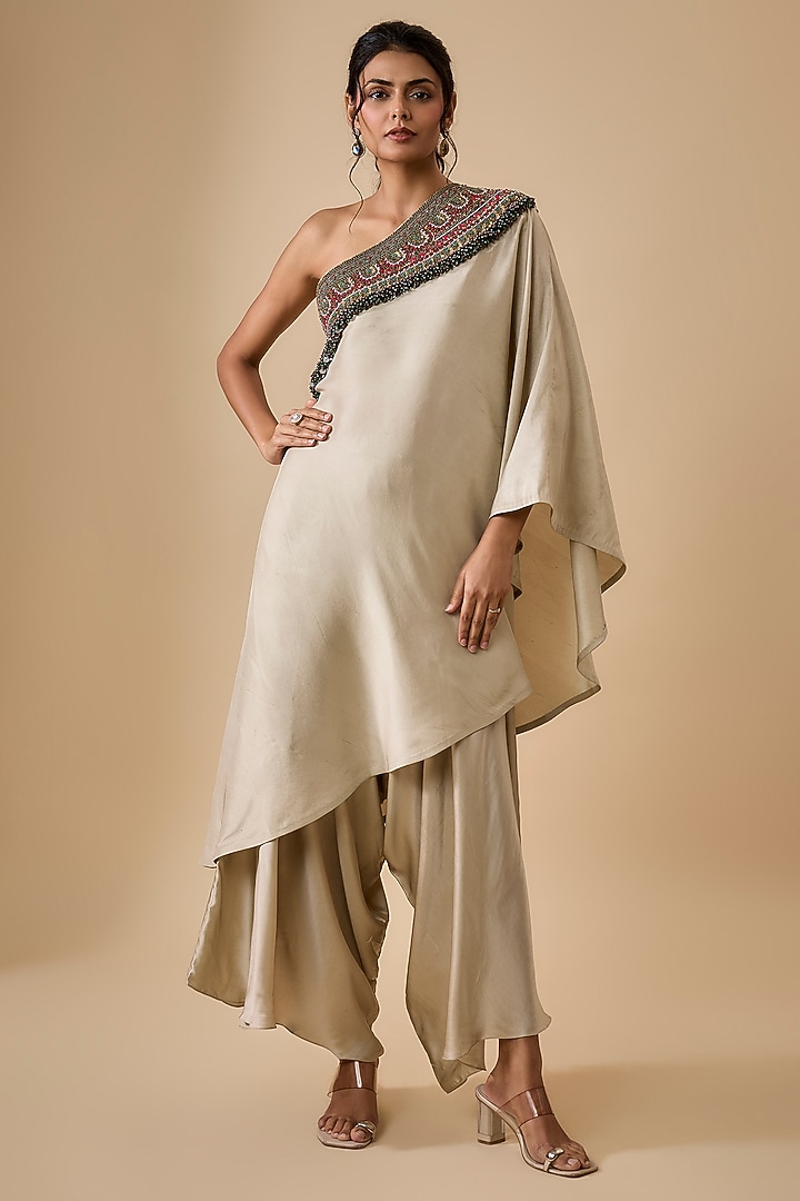 Smoky Beige Cotton Satin Flared Pant Set by Prisho at Pernia's Pop Up Shop