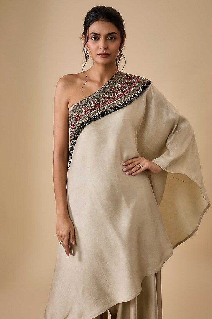 Smoky Beige Cotton Satin Flared Pant Set by Prisho at Pernia's Pop Up Shop