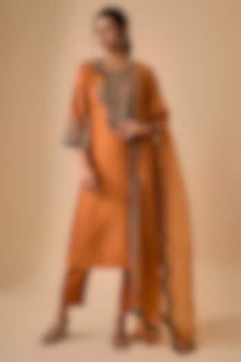 Rust Silk Dori & Thread Work Kurta Set by Prisho at Pernia's Pop Up Shop