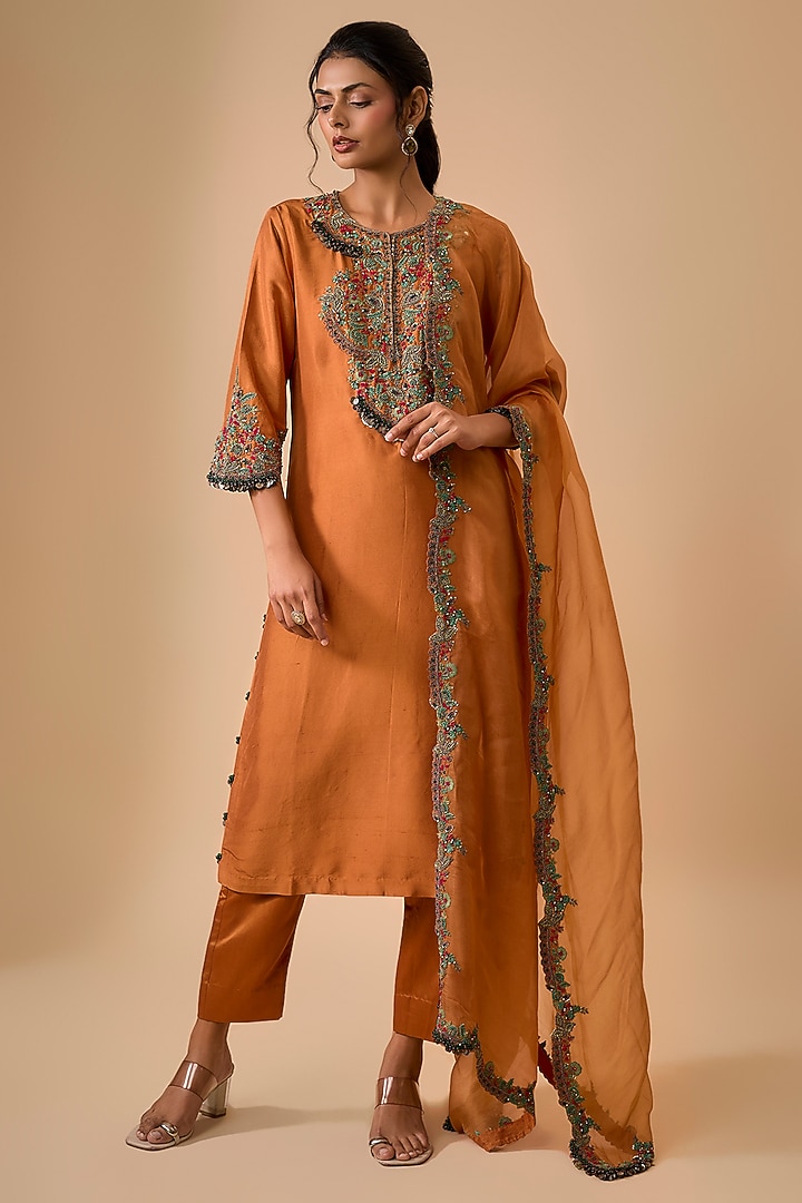 Rust Silk Dori & Thread Work Kurta Set by Prisho at Pernia's Pop Up Shop