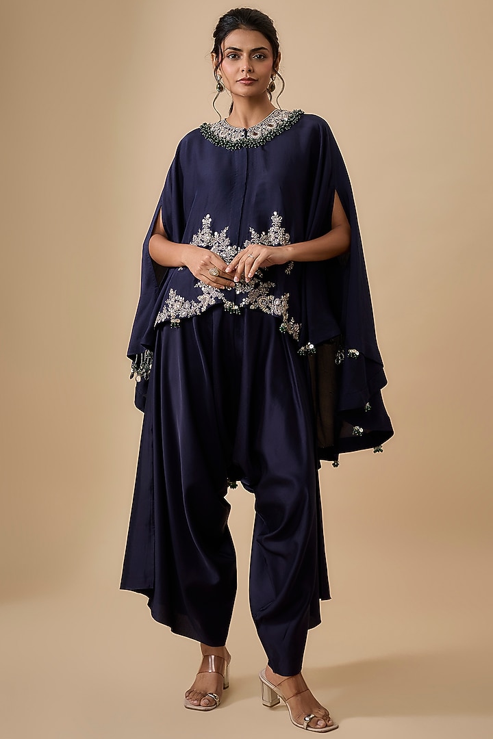 Royal Blue Silk Mirror Work Kaftan Set by Prisho at Pernia's Pop Up Shop