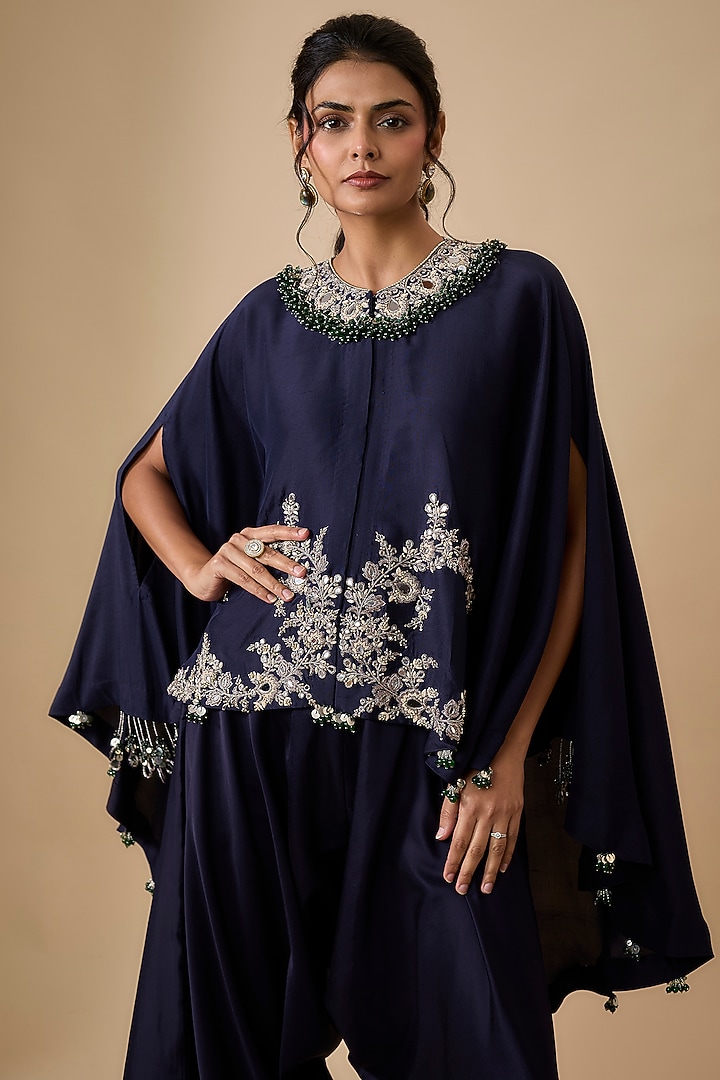 Royal Blue Silk Mirror Work Kaftan Set by Prisho at Pernia's Pop Up Shop