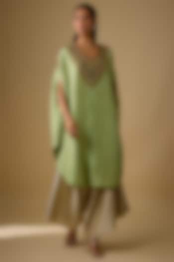 Green Silk Thread Work Kaftan Set by Prisho at Pernia's Pop Up Shop