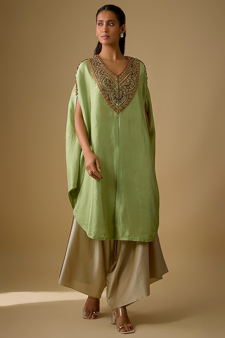 Green Silk Thread Work Kaftan Set by Prisho at Pernia's Pop Up Shop